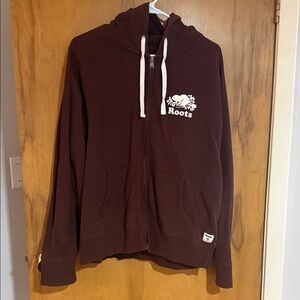 Roots Maroon Zip Hoodie with White Logo and Drawstrings